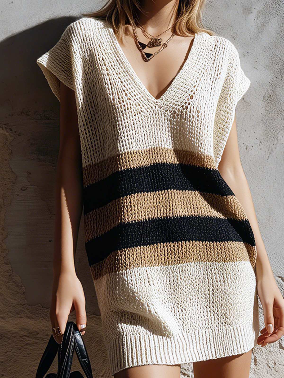 Chic Elegant Off-White Colorblock V-Neck Drop Shoulder Sleeveless Loose-Fit Knit Mini Dress