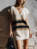 Chic Elegant Off-White Colorblock V-Neck Drop Shoulder Sleeveless Loose-Fit Knit Mini Dress