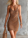 Chic Elegant Brown U-Neck Sleeveless Geometrical Jacquard Ruffle Hem Slim-Fit Knit Mini Dress