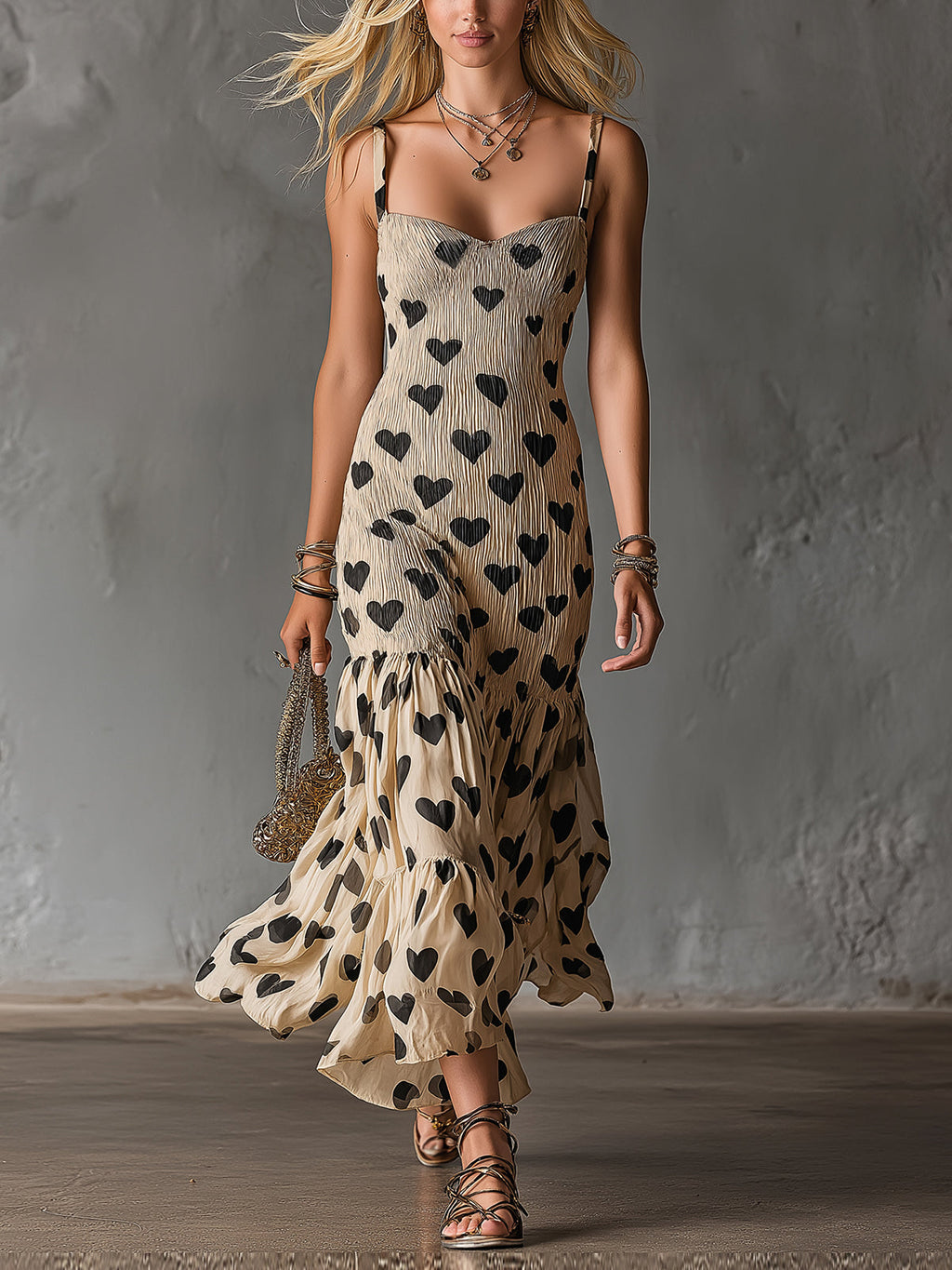 Chic Elegant Beige-Black Hearts Print Spaghetti Straps Square-Neck Sleeveless Shirring Detail Slim-Fit Maxi Dress