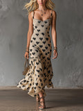 Chic Elegant Beige-Black Hearts Print Spaghetti Straps Square-Neck Sleeveless Shirring Detail Slim-Fit Maxi Dress