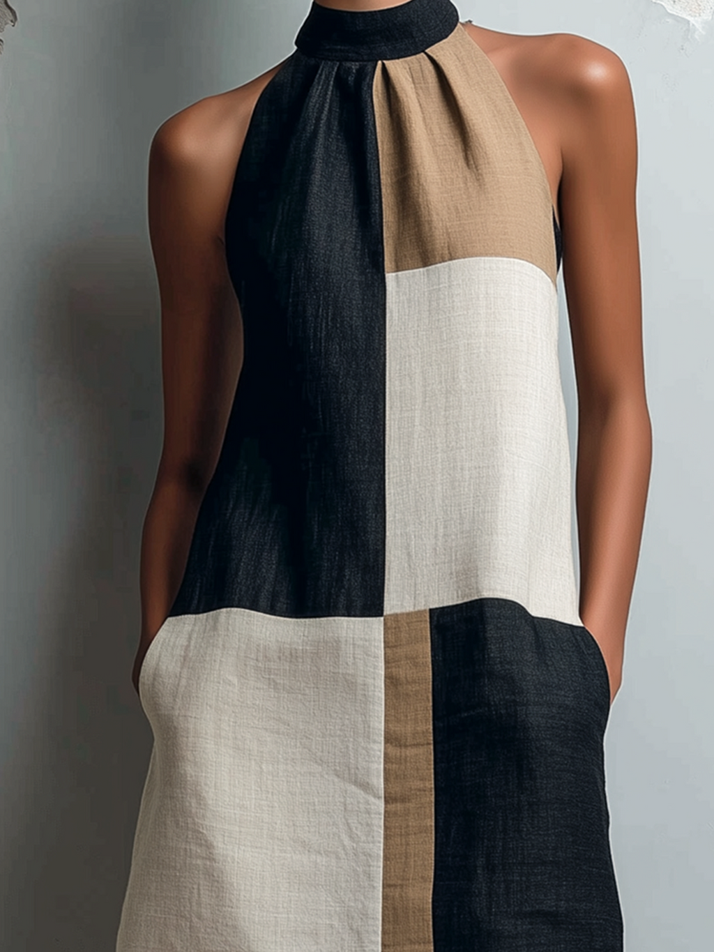 Chic Casual Black Camel-Off-White Colorblock Mock Halter Neck Sleeveless Loose-Fit Cotton-Linen Blend Mini Dress