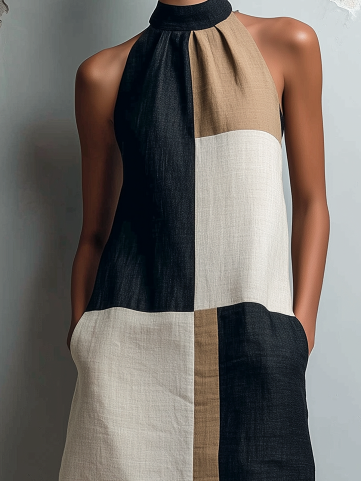 Chic Casual Black Camel-Off-White Colorblock Mock Halter Neck Sleeveless Loose-Fit Cotton-Linen Blend Mini Dress
