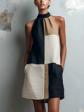 Chic Casual Black Camel-Off-White Colorblock Mock Halter Neck Sleeveless Loose-Fit Cotton-Linen Blend Mini Dress