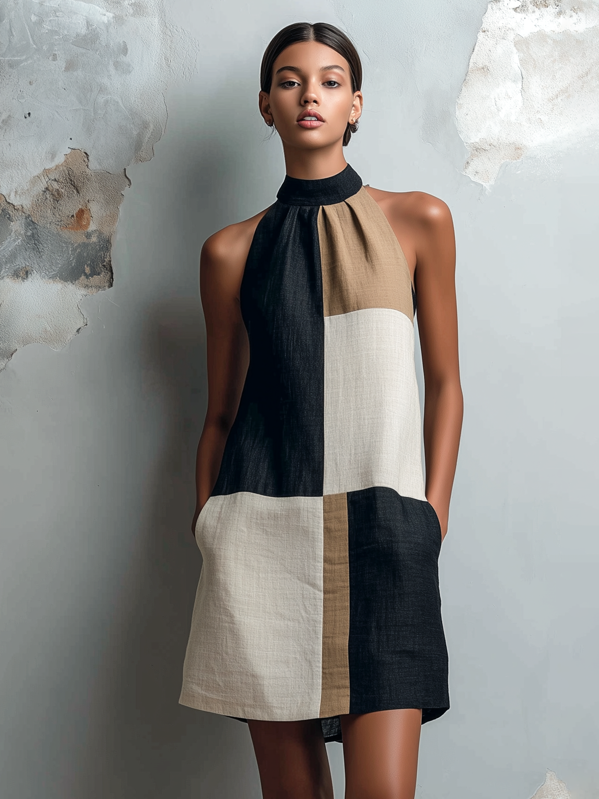Chic Casual Black Camel-Off-White Colorblock Mock Halter Neck Sleeveless Loose-Fit Cotton-Linen Blend Mini Dress