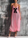 Chic Elegant Light Pink Spaghetti Straps Bow-Embellished V-Neck Sleeveless  Loose-Fit A-Line Mesh Knit Midi Dress