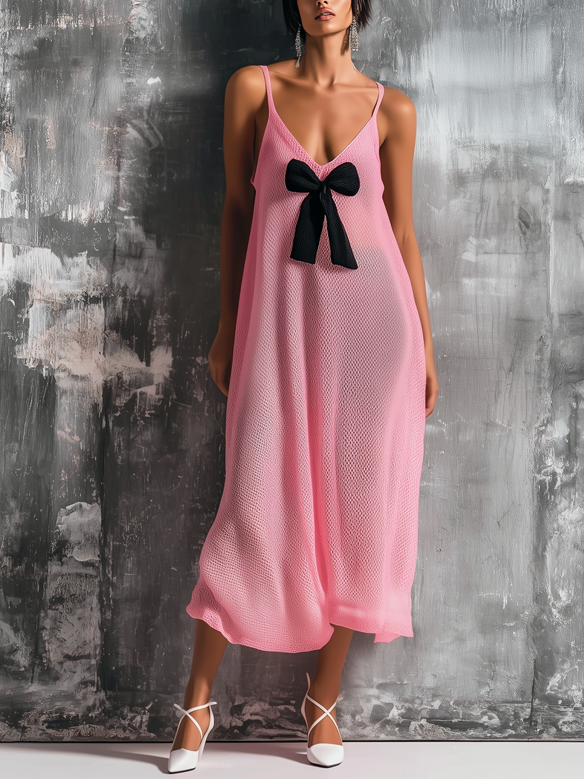 Chic Elegant Light Pink Spaghetti Straps Bow-Embellished V-Neck Sleeveless  Loose-Fit A-Line Mesh Knit Midi Dress