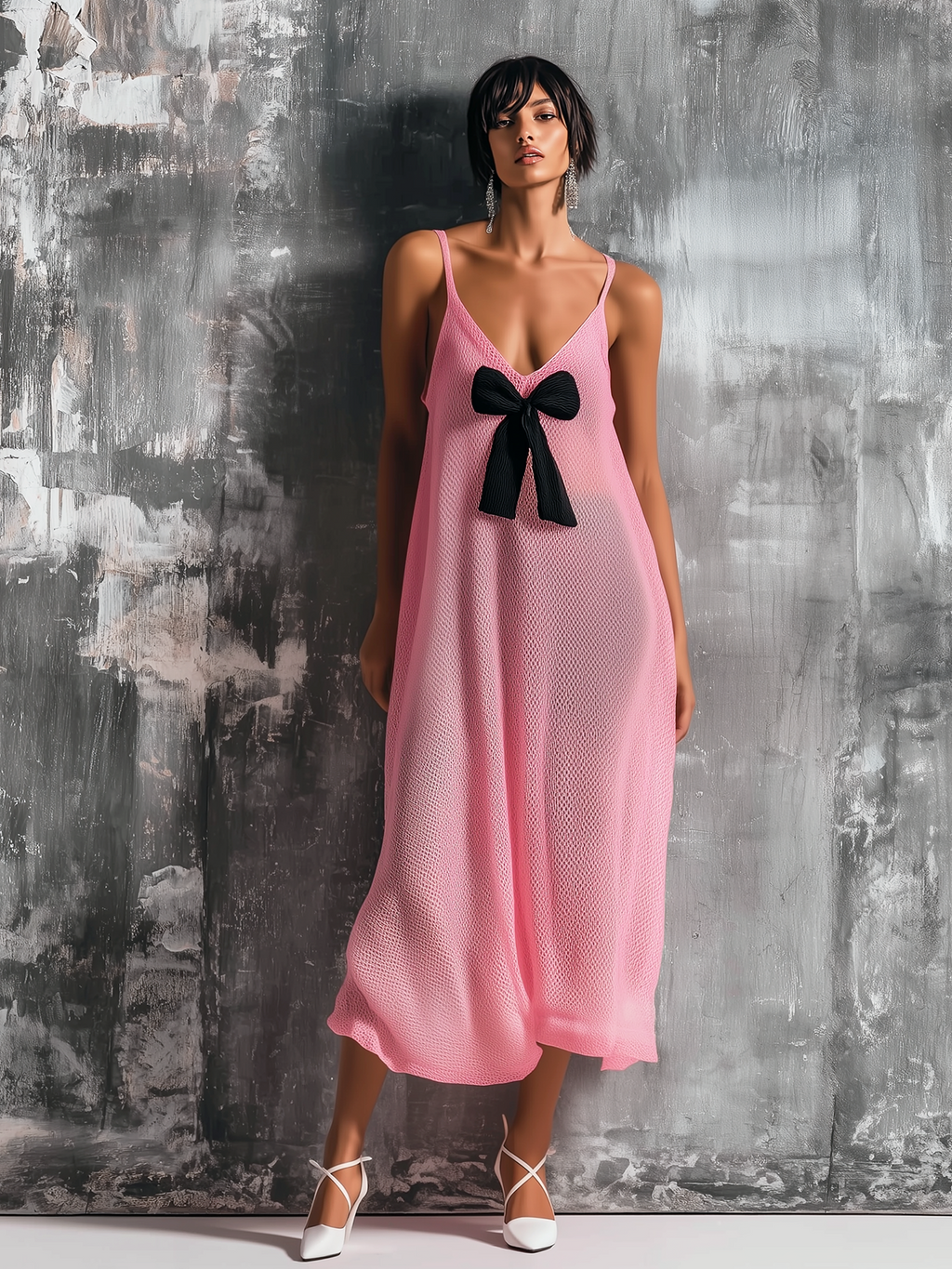 Chic Elegant Light Pink Spaghetti Straps Bow-Embellished V-Neck Sleeveless  Loose-Fit A-Line Mesh Knit Midi Dress