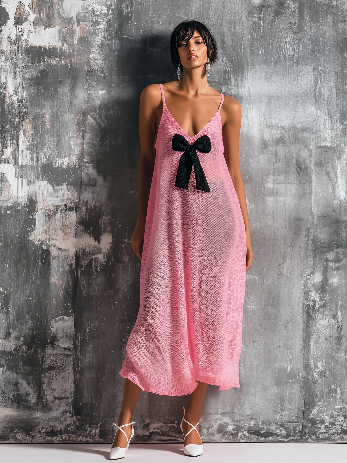Chic Elegant Light Pink Spaghetti Straps Bow-Embellished V-Neck Sleeveless  Loose-Fit A-Line Mesh Knit Midi Dress