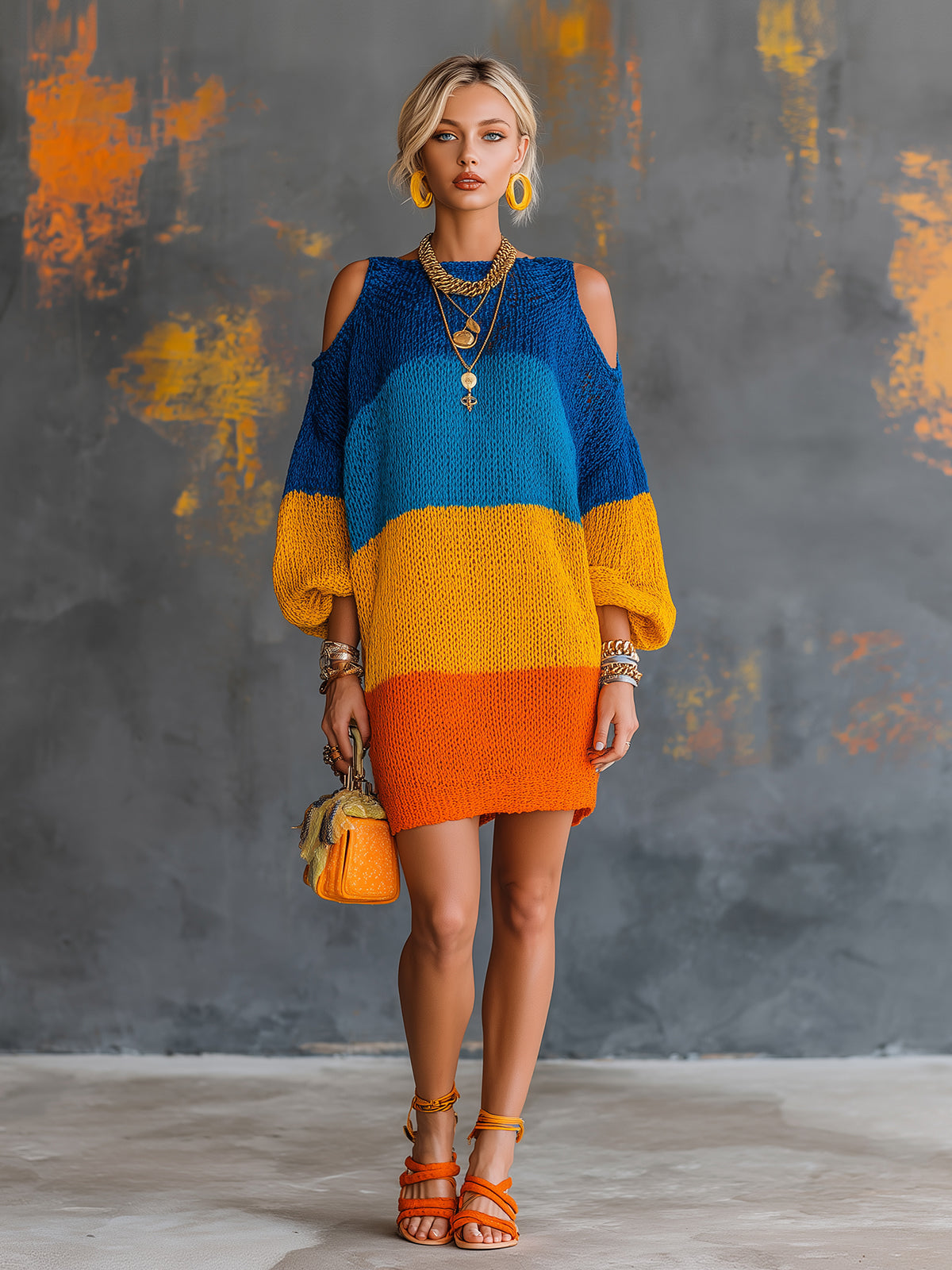 Chic Elegant Blue-Orange Colorblock Boat-Neck Lantern-Sleeve Cold-Shoulder Loose-Fit Knit Mini Dress
