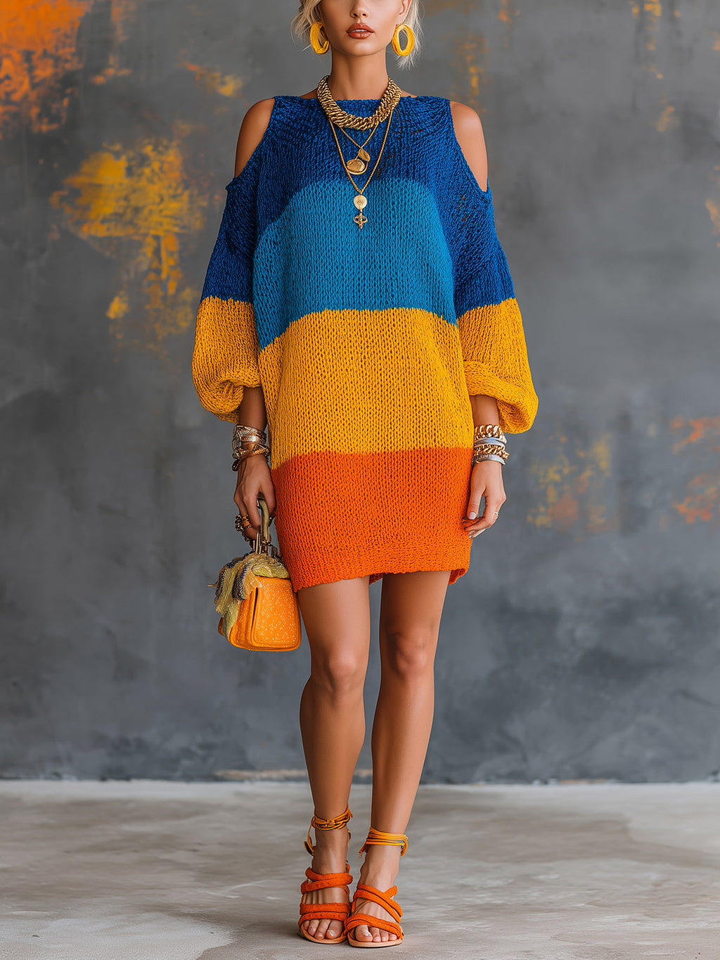 Chic Elegant Blue-Orange Colorblock Boat-Neck Lantern-Sleeve Cold-Shoulder Loose-Fit Knit Mini Dress
