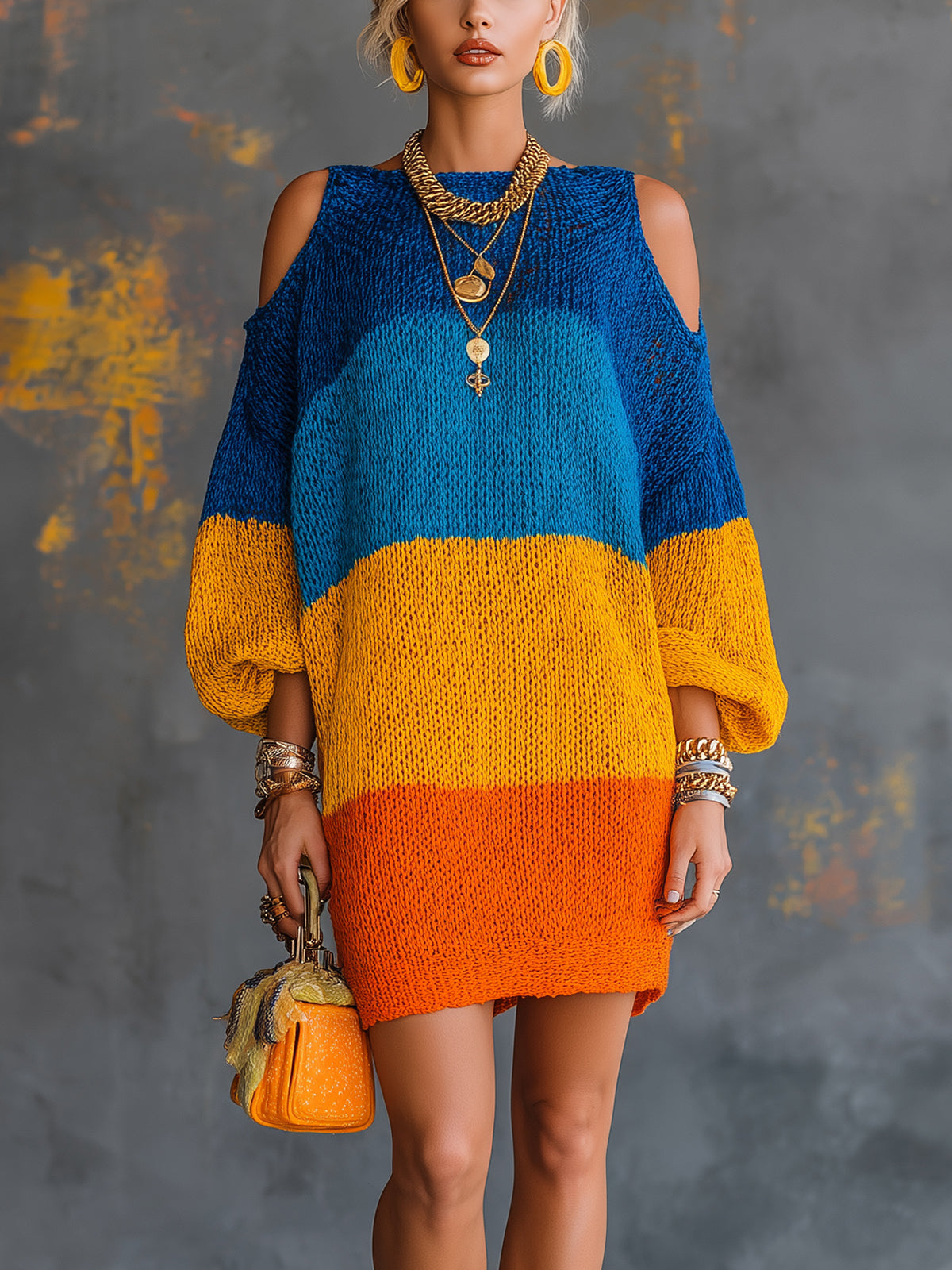 Chic Elegant Blue-Orange Colorblock Boat-Neck Lantern-Sleeve Cold-Shoulder Loose-Fit Knit Mini Dress