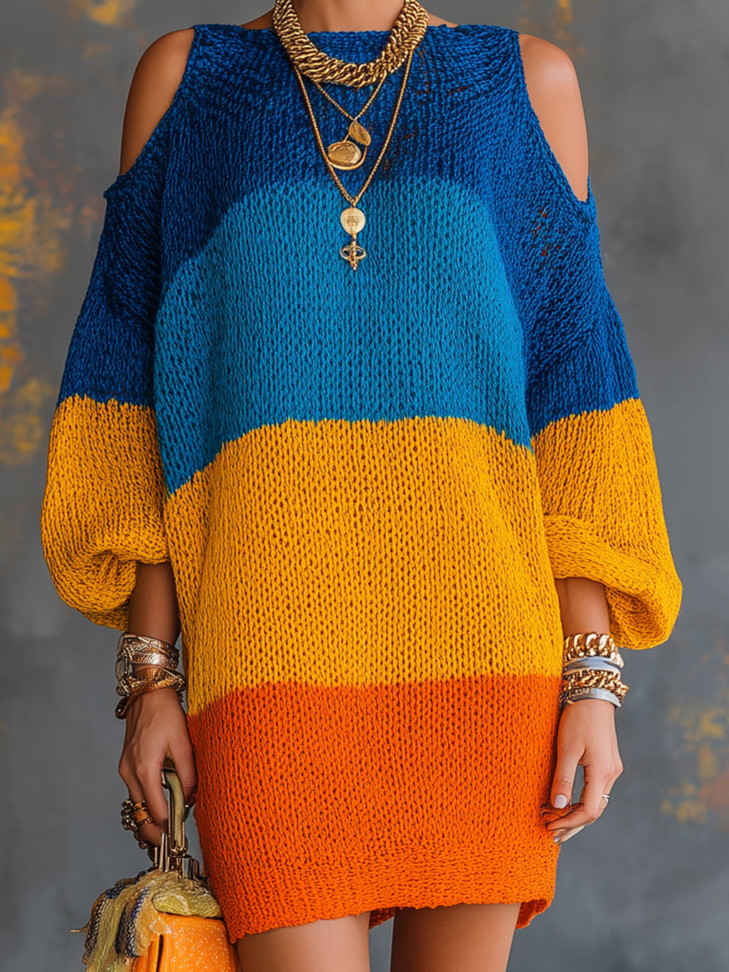 Chic Elegant Blue-Orange Colorblock Boat-Neck Lantern-Sleeve Cold-Shoulder Loose-Fit Knit Mini Dress