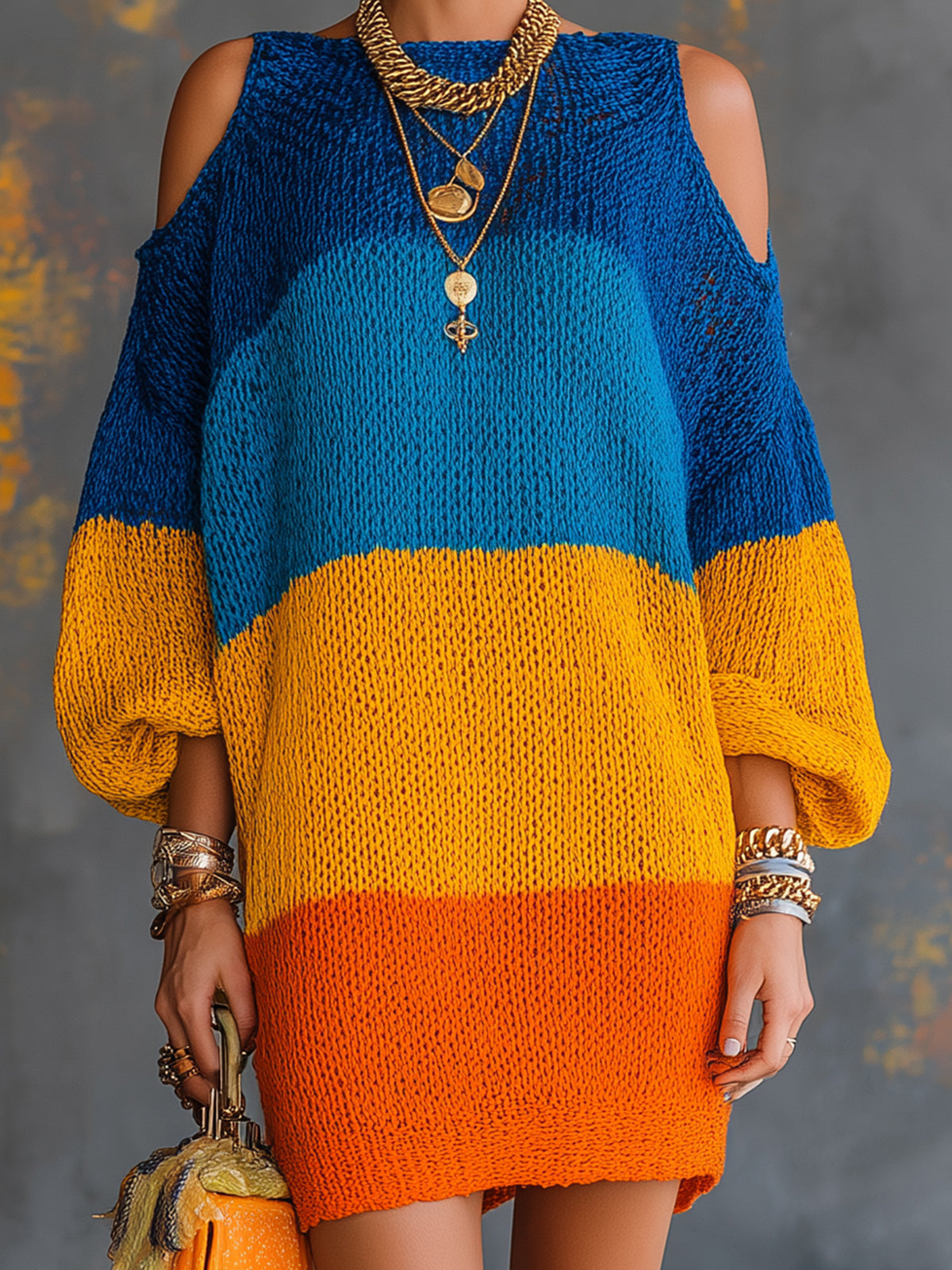 Chic Elegant Blue-Orange Colorblock Boat-Neck Lantern-Sleeve Cold-Shoulder Loose-Fit Knit Mini Dress