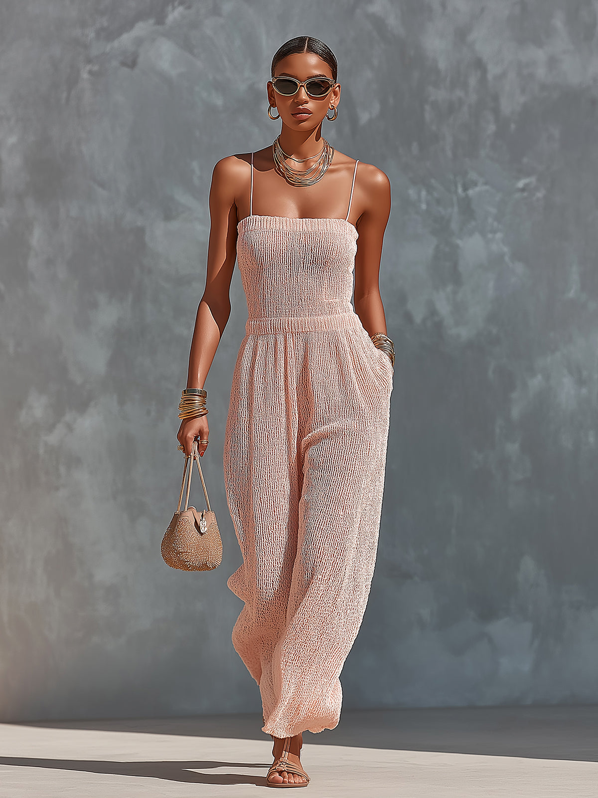Chic Elegant Light Pink Spaghetti-Strap Square-Neck Sleeveless Tailored-Wiast Knit Wide-Leg Jumpsuit