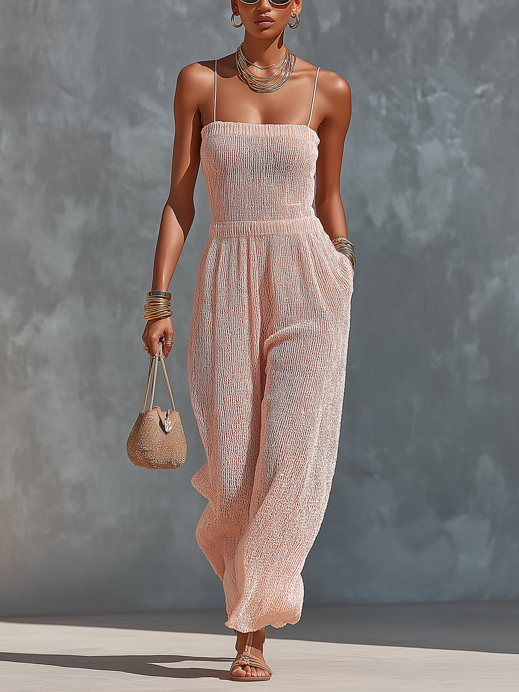 Chic Elegant Light Pink Spaghetti-Strap Square-Neck Sleeveless Tailored-Wiast Knit Wide-Leg Jumpsuit