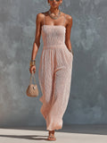 Chic Elegant Light Pink Spaghetti-Strap Square-Neck Sleeveless Tailored-Wiast Knit Wide-Leg Jumpsuit