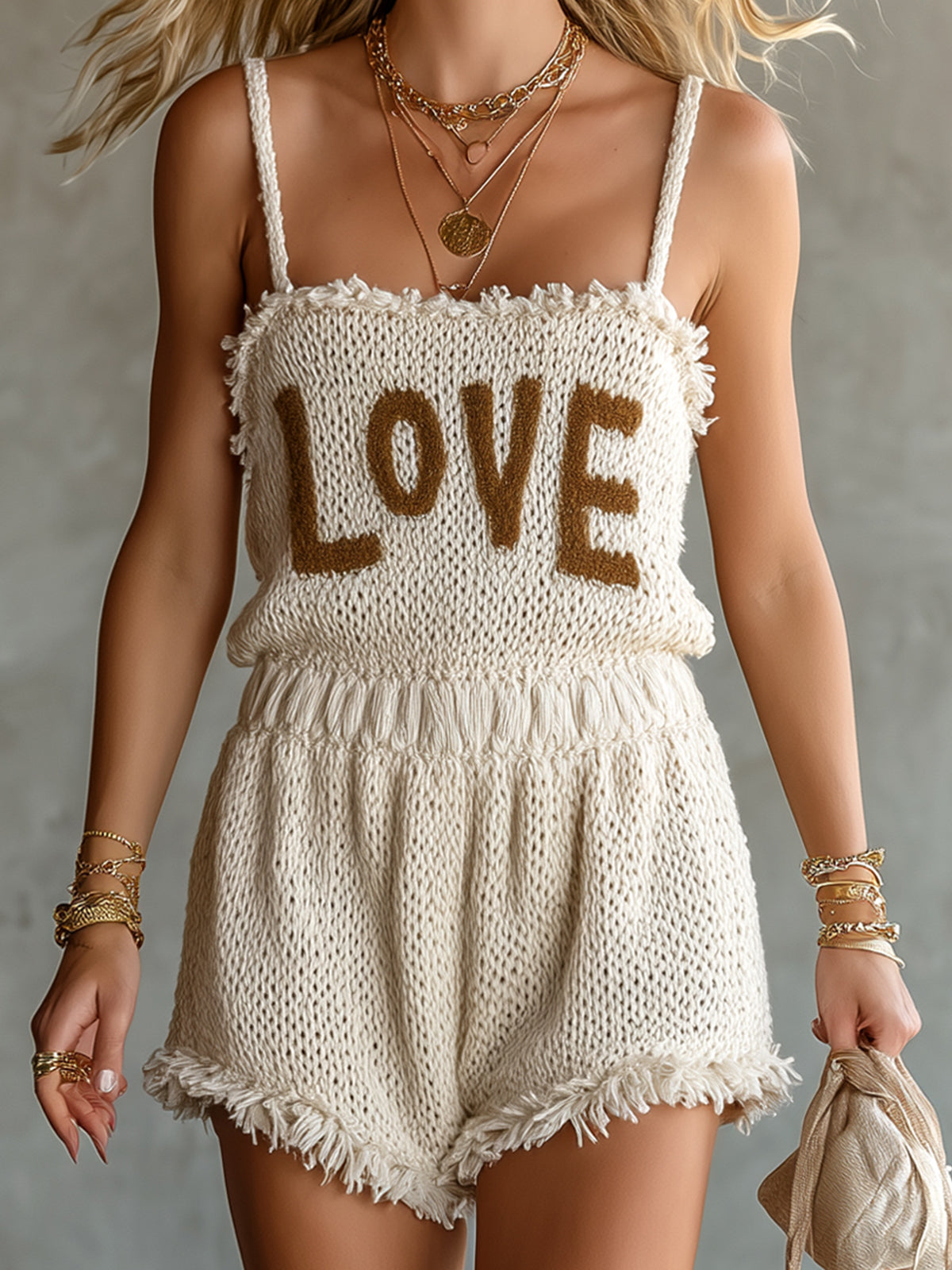 Chic Elegant Cream White Spaghetti-Strap Square-Neck Sleeveless Letter Jacquard Fringe Detail Loose-Fit Knit Romper