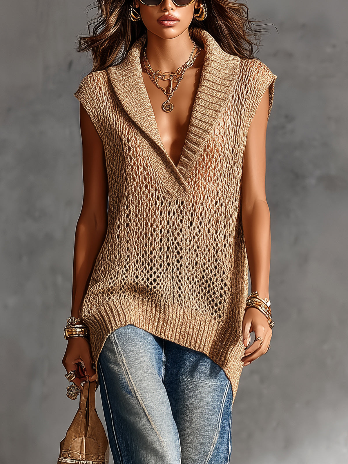 Chic Elegant Camel Lapel V-Neck Sleeveless Loose-Fit Mesh Knit Vest Top