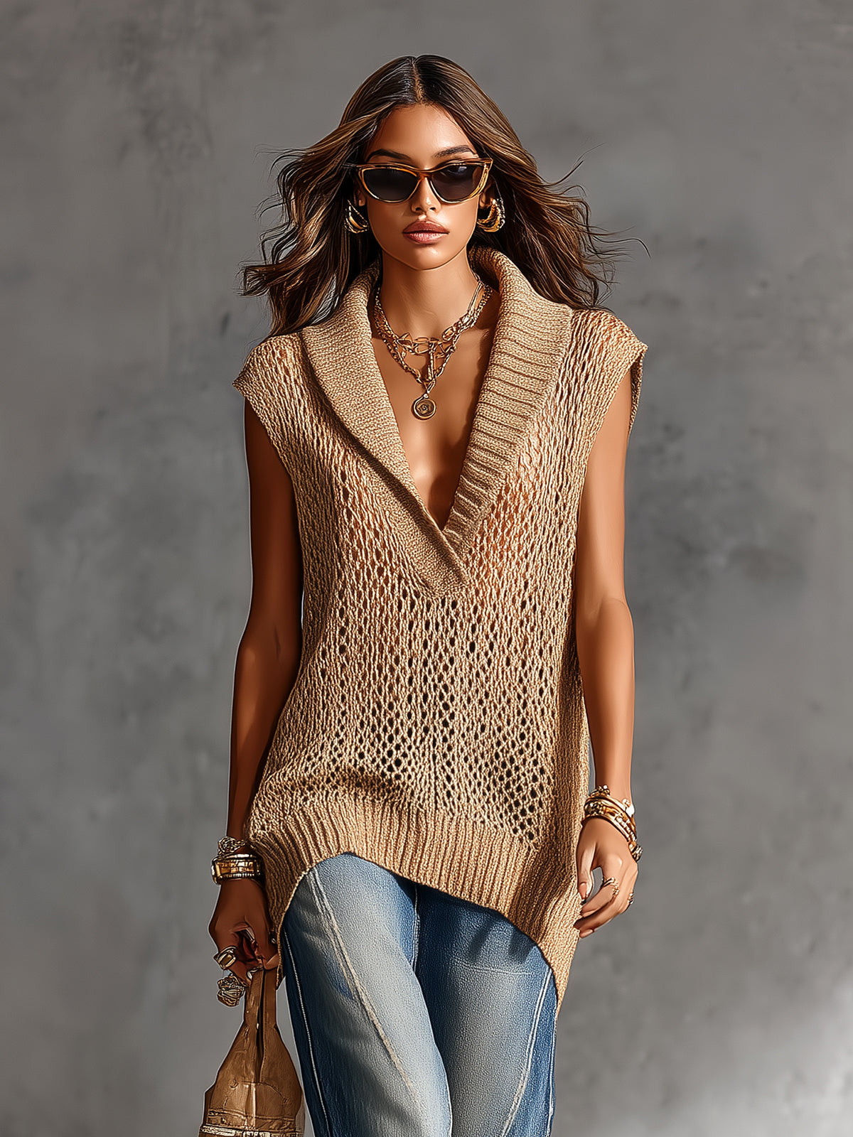 Chic Elegant Camel Lapel V-Neck Sleeveless Loose-Fit Mesh Knit Vest Top