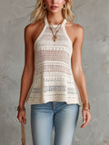 Chic Elegant Cream White Halter-Neck Sleeveless Loose-Fit A-Line Hollow-Out Mesh Knit Tank Top