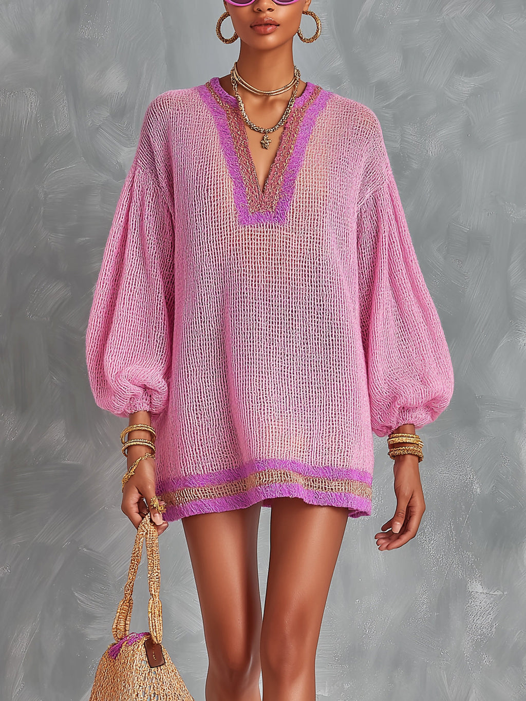 Chic Elegant Pink V-Neck Lantern-Sleeve A-Line Loose-Fit Contrast Trim Detail Mesh Knit Mini Dress