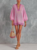 Chic Elegant Pink V-Neck Lantern-Sleeve A-Line Loose-Fit Contrast Trim Detail Mesh Knit Mini Dress