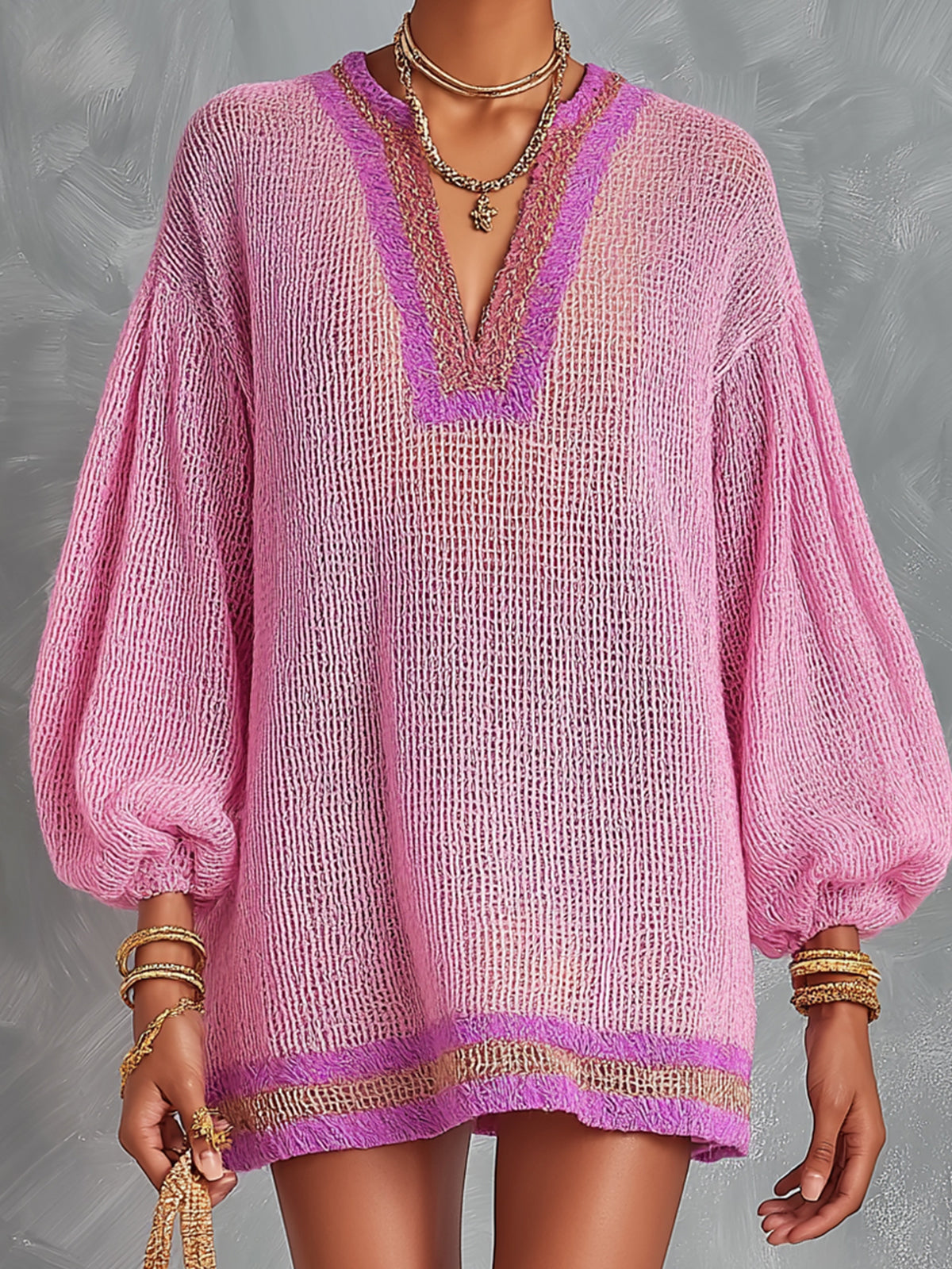 Chic Elegant Pink V-Neck Lantern-Sleeve A-Line Loose-Fit Contrast Trim Detail Mesh Knit Mini Dress