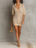 Chic Elegant Light Camel Lapel V-Neck Short-Lantern-Sleeve Loose-Fit Mesh Knit Mini Dress