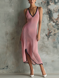 Chic Elegant Dusty Pink V-Neck Contrast Trim Sleeveless Slim-Fit Side Slit Knit Mini Dress