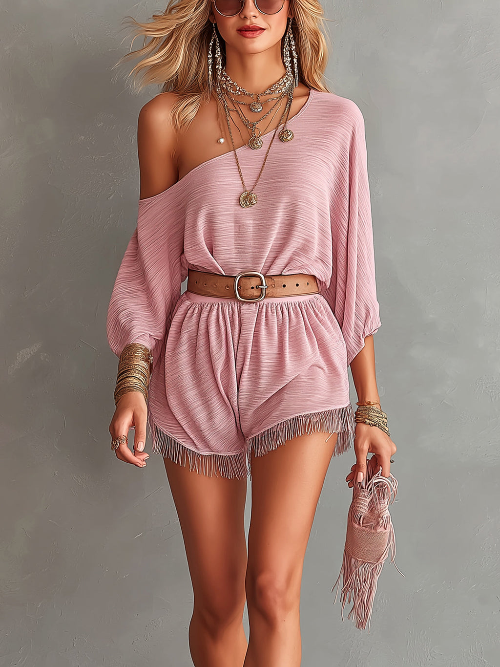 Chic Elegant Pink Textured Cotton Blend One-Shoulder Half-Sleeve Belted Loose-Fit Fringe Detail Ropmer