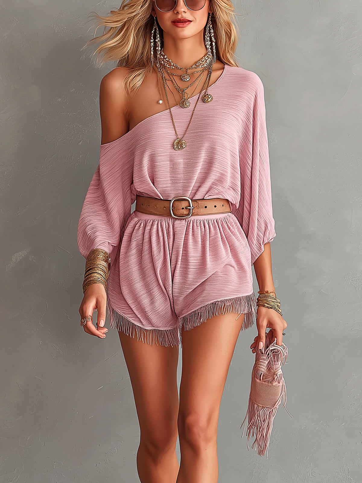 Chic Elegant Pink Textured Cotton Blend One-Shoulder Half-Sleeve Belted Loose-Fit Fringe Detail Ropmer