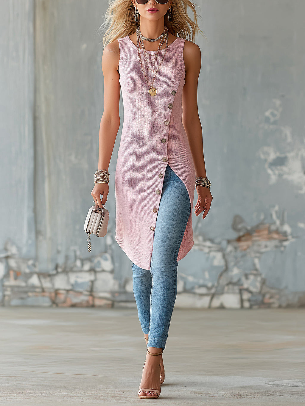 Chic Elegant Pink Round-Neck Sleeveless Slant Single-Breasted Slit Hem Knit Long Vest Top