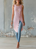 Chic Elegant Pink Round-Neck Sleeveless Slant Single-Breasted Slit Hem Knit Long Vest Top