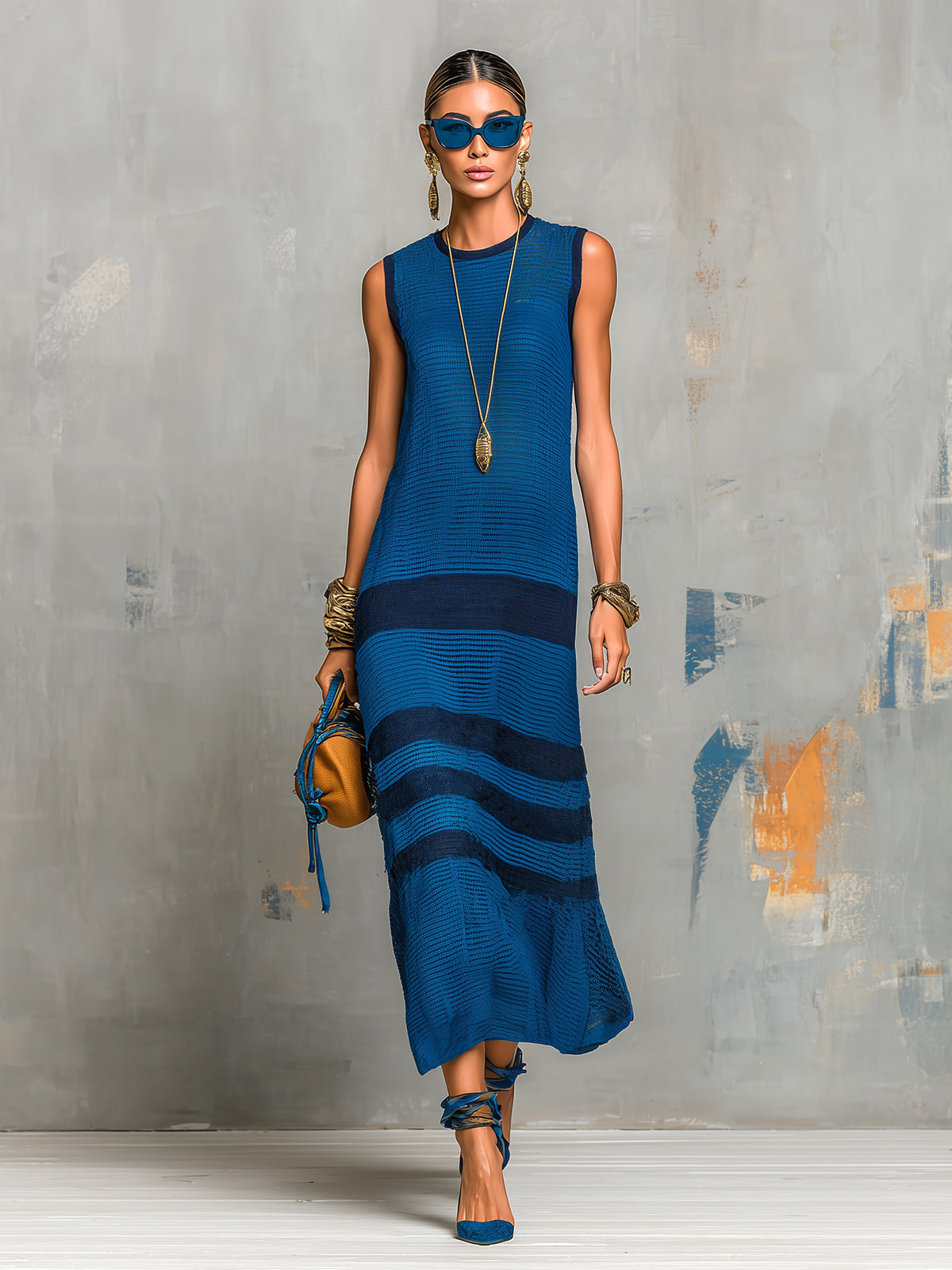Chic Elegant Royal Blue-Navy Colorblock Round-Neck Sleeveless Loose-Fit Breathable Knit Maxi Dress