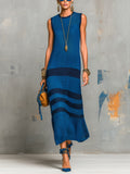 Chic Elegant Royal Blue-Navy Colorblock Round-Neck Sleeveless Loose-Fit Breathable Knit Maxi Dress