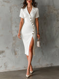 Chic Elegant White Notched Collar Short-Sleeve Single-Breasted Slim-Fit Ribbed Knit Midi Dress