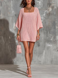 Chic Elegant Pink Square-Neck Half-Flare-Sleeve Oversize A-Line Ribbed Knit Mini Dress