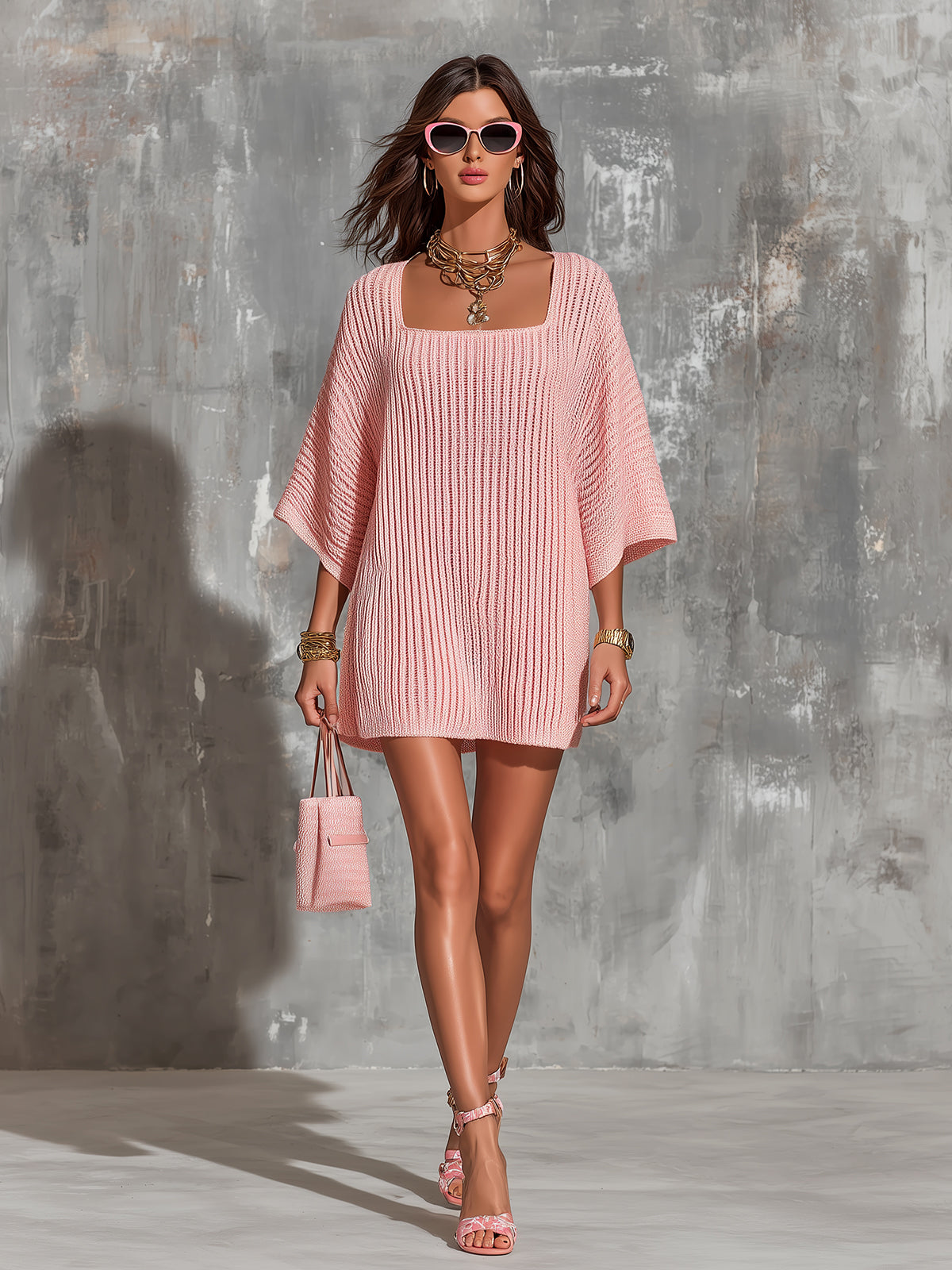 Chic Elegant Pink Square-Neck Half-Flare-Sleeve Oversize A-Line Ribbed Knit Mini Dress