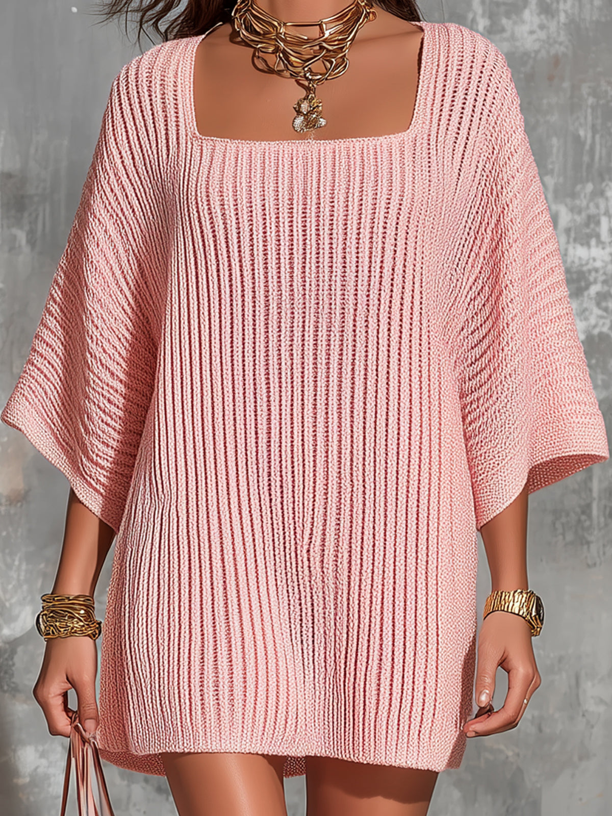 Chic Elegant Pink Square-Neck Half-Flare-Sleeve Oversize A-Line Ribbed Knit Mini Dress