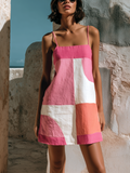 Chic Casual Pink-White Colorblock Spaghetti-Strap Square-Neck Sleeveless Loose-Fit Cotton-Linen Blend Mini Dress