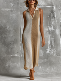 Chic Elegant White-Camel Colorblock Polo-Neck Button-Front Sleeveless Loose-Fit Mesh Holiday Knit Maxi Dress