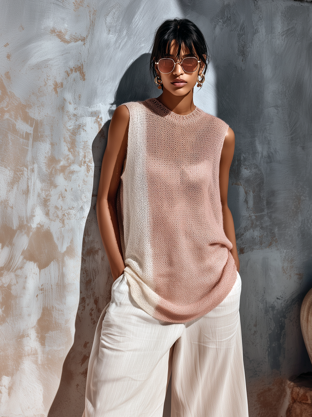 Chic Casual Pink-White Colorblock Crew-Neck Sleeveless Loose-Fit Mesh Knit Vest Top
