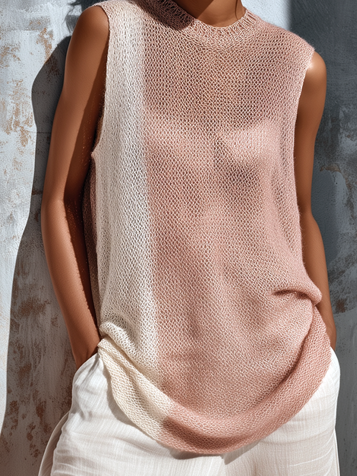 Chic Casual Pink-White Colorblock Crew-Neck Sleeveless Loose-Fit Mesh Knit Vest Top