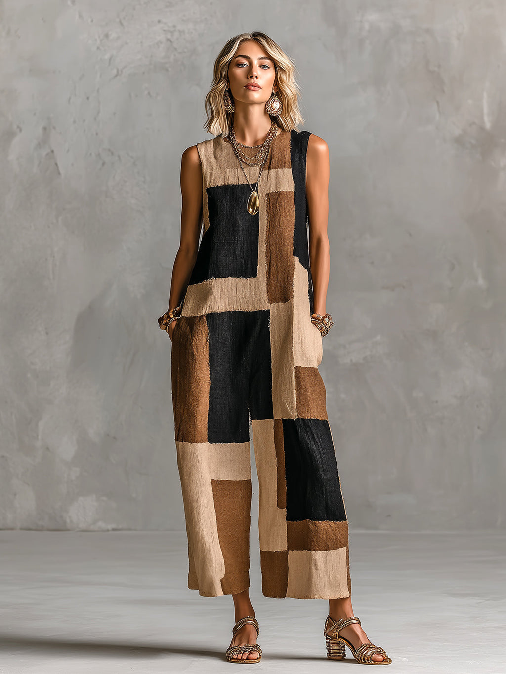 Chic Elegant Camel-Black Geometrical Colorblock Printed Round-Neck Sleeveless Loose-Fit Jumpsuit