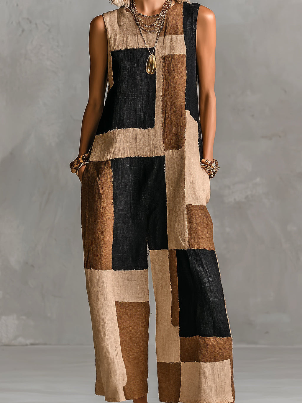 Chic Elegant Camel-Black Geometrical Colorblock Printed Round-Neck Sleeveless Loose-Fit Jumpsuit