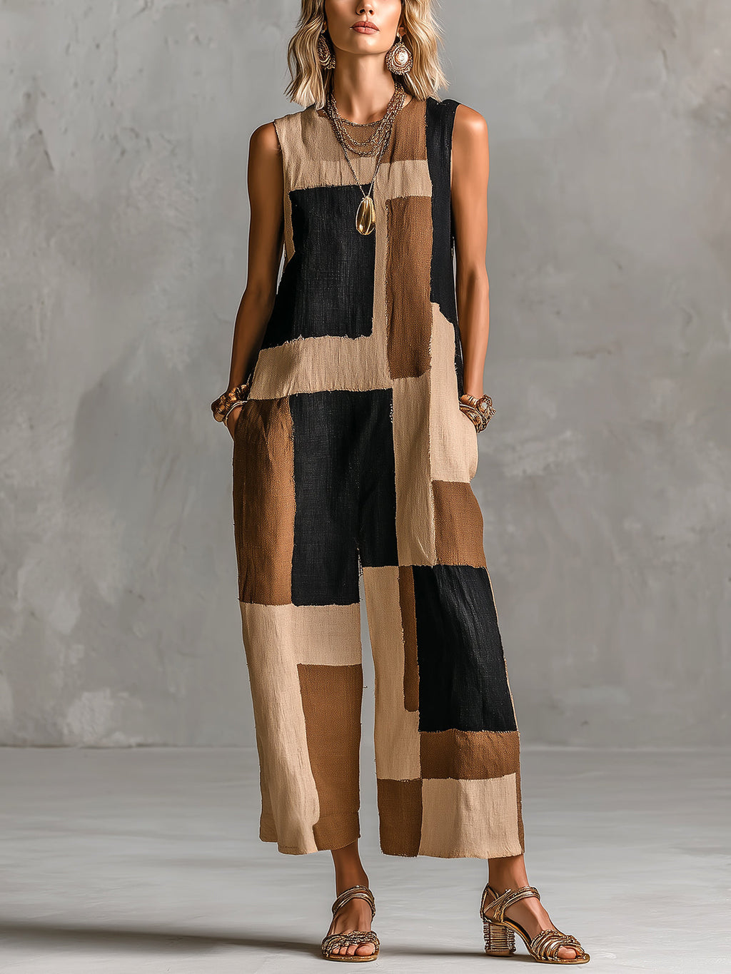 Chic Elegant Camel-Black Geometrical Colorblock Printed Round-Neck Sleeveless Loose-Fit Jumpsuit