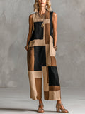 Chic Elegant Camel-Black Geometrical Colorblock Printed Round-Neck Sleeveless Loose-Fit Jumpsuit