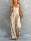 Chic Elegant Beige Stripes Cotton-Linen Blend Spaghetti Straps Square-Neck Sleeveless Loose-Fit Straight-Leg Jumpsuit