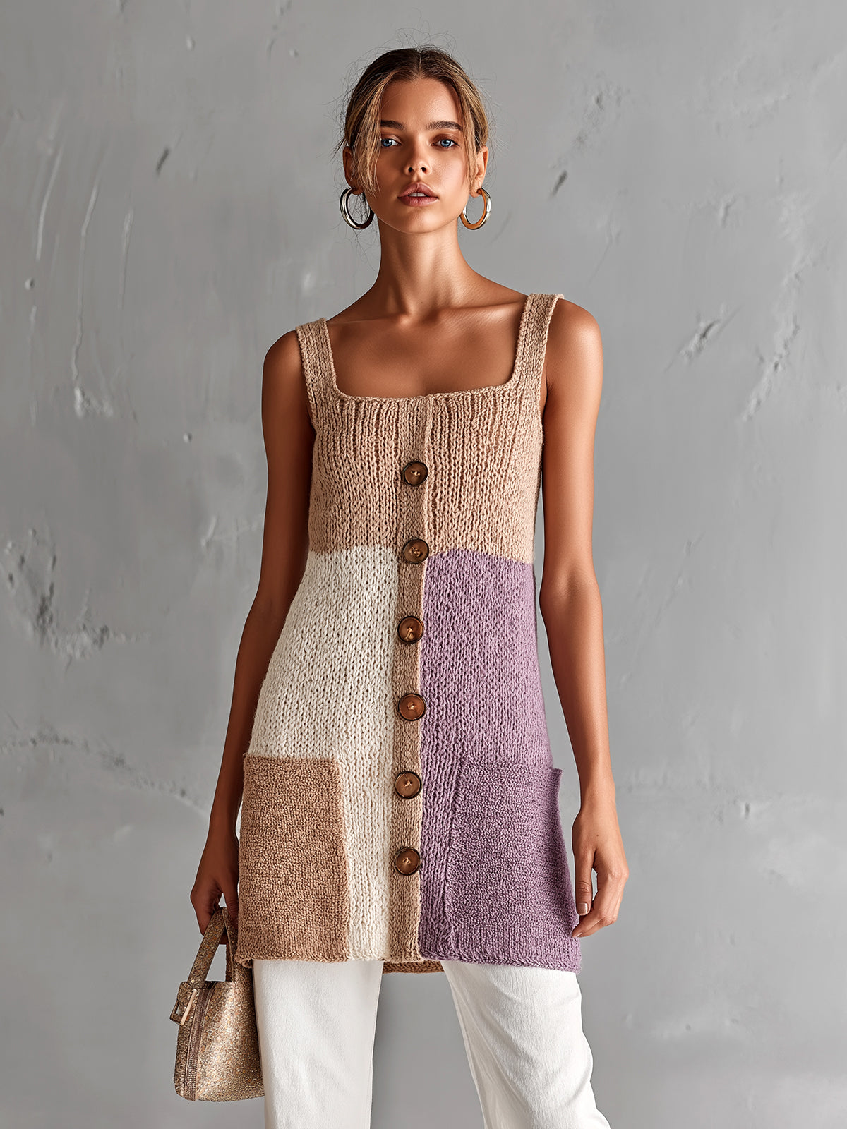 Chic Elegant Camel-Purple Colorblock Square-Neck Sleeveless Patch Pockets A-Line Loose-Fit Knit Vest Top